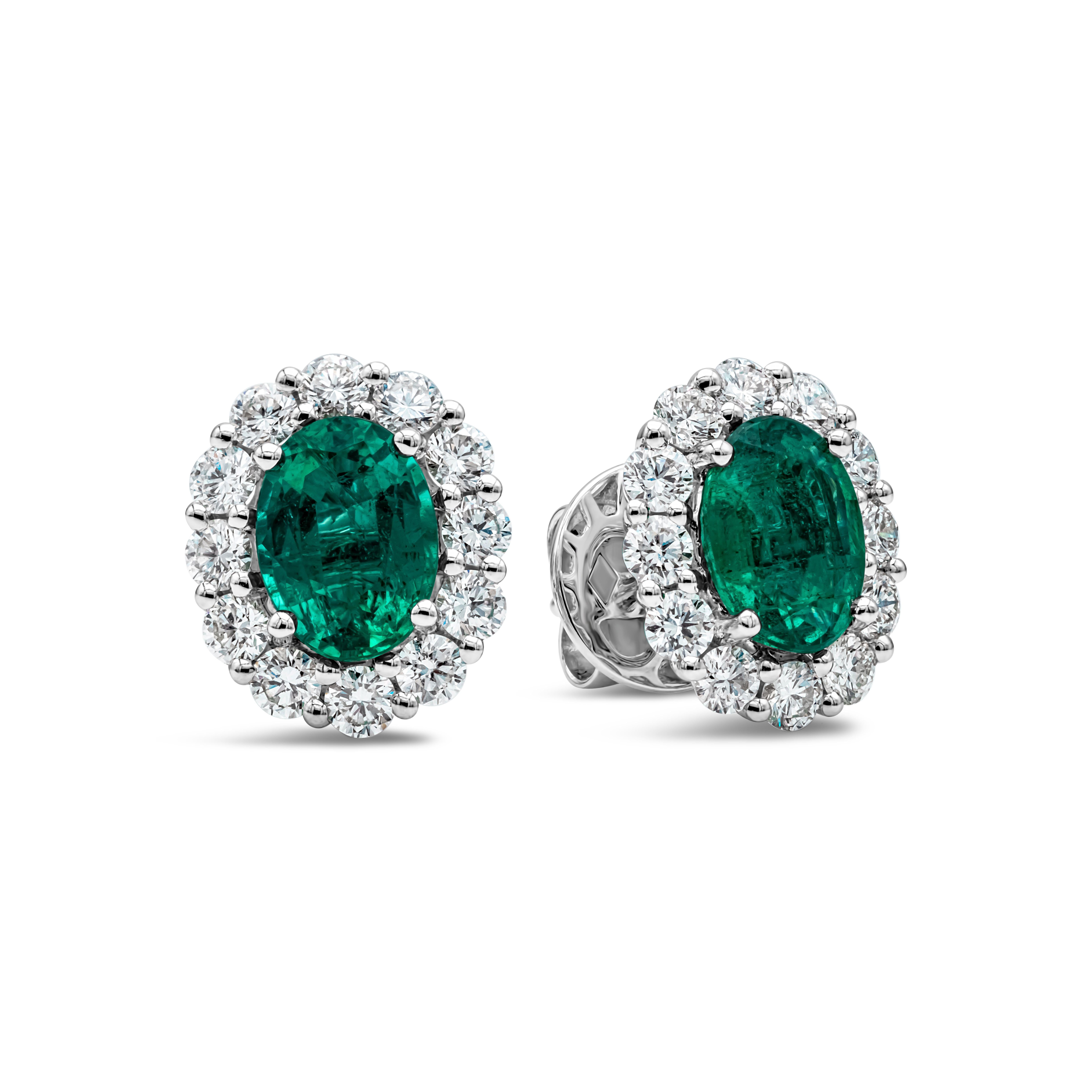This beautiful pair of stud earrings showcases oval cut green emeralds weighing 2.18 carats total. Each emerald is surrounded by a row of brilliant round diamonds weighing 1.21 carats total, G color, VS-SI in clarity. Made in 18k white gold.

Roman