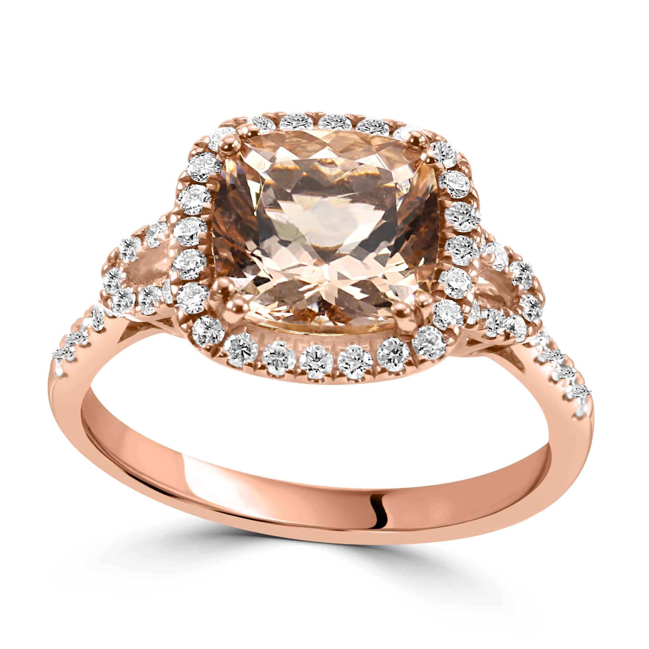 The centerpiece of this enchanting ring is the Morganite, selected for its exquisite peachy-pink hue and size. Morganite is the known as the stone for love and tenderness. Weighing 2.18 carats, this Morganite captures the essence of a romantic