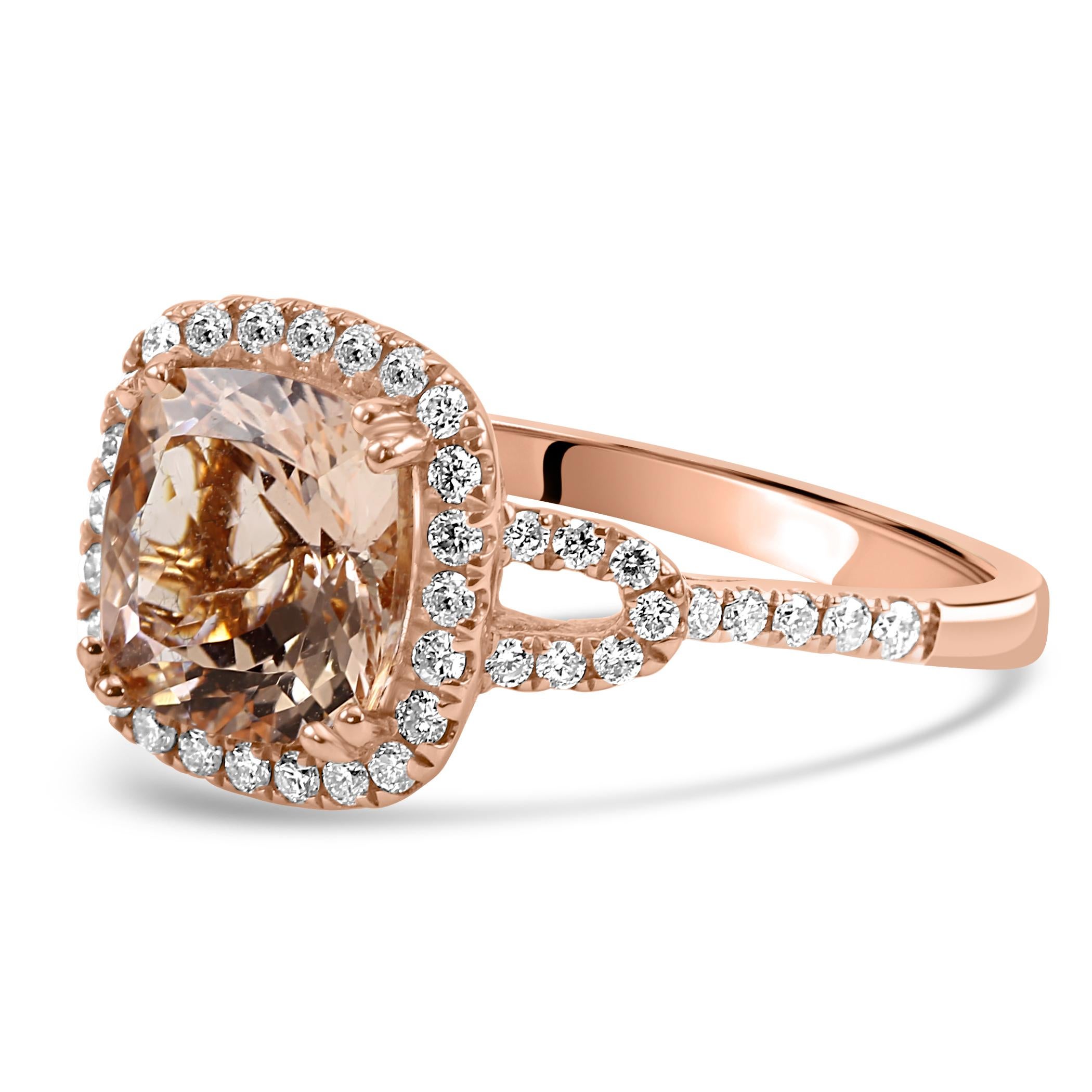 Modern 2.18 Carat Morganite Cushion White Diamond Round 14K Rose Gold Engagement Ring For Sale