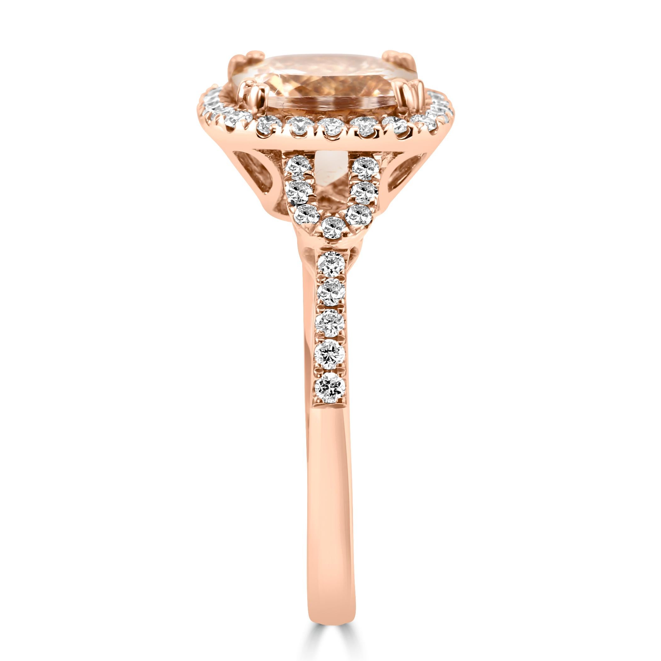 Oval Cut 2.18 Carat Morganite Cushion White Diamond Round 14K Rose Gold Engagement Ring For Sale