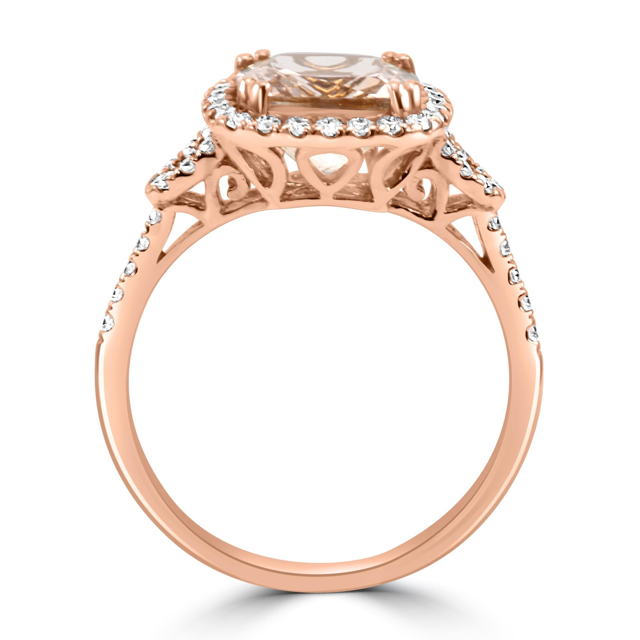 Women's or Men's 2.18 Carat Morganite Cushion White Diamond Round 14K Rose Gold Engagement Ring For Sale