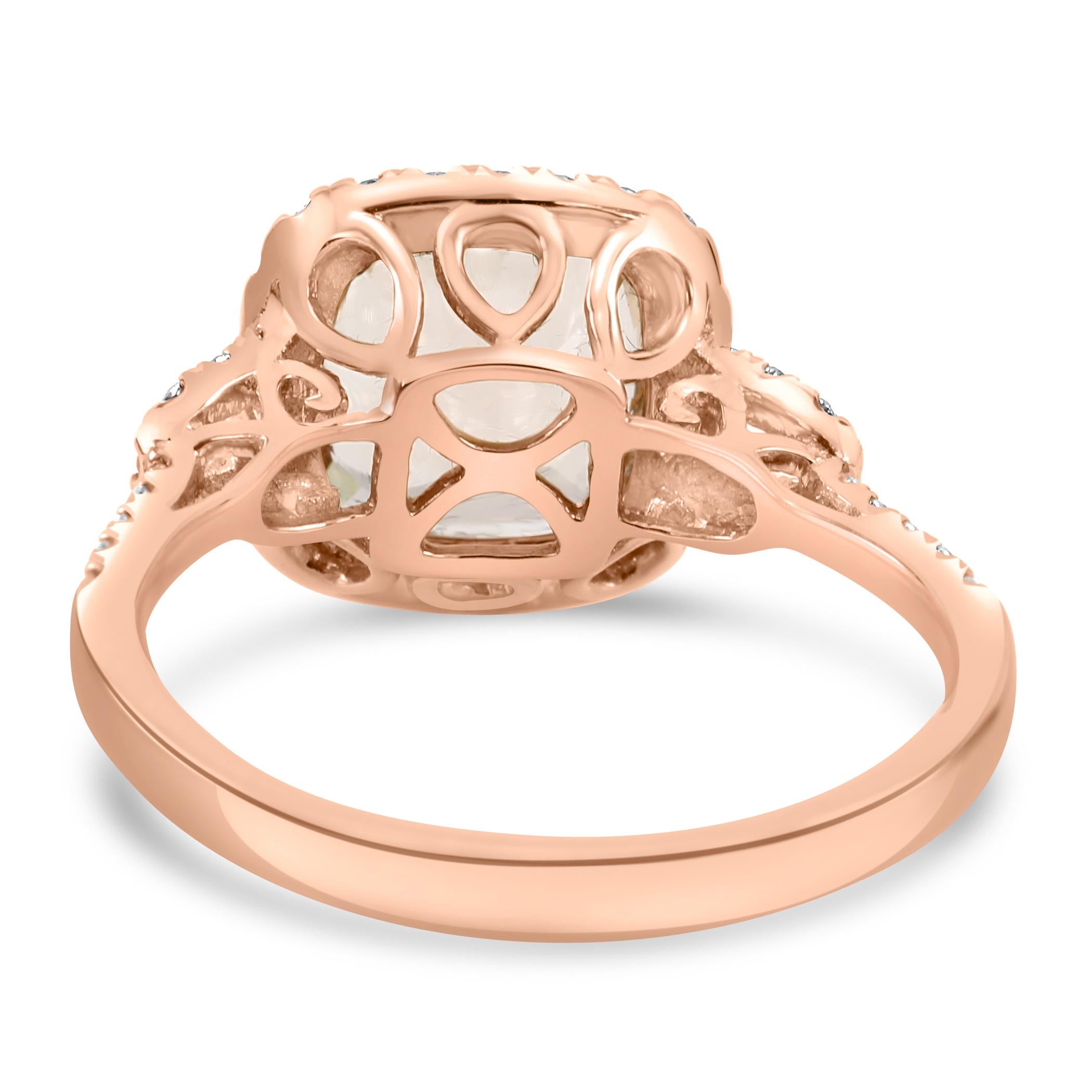 2.18 Carat Morganite Cushion White Diamond Round 14K Rose Gold Engagement Ring For Sale 1