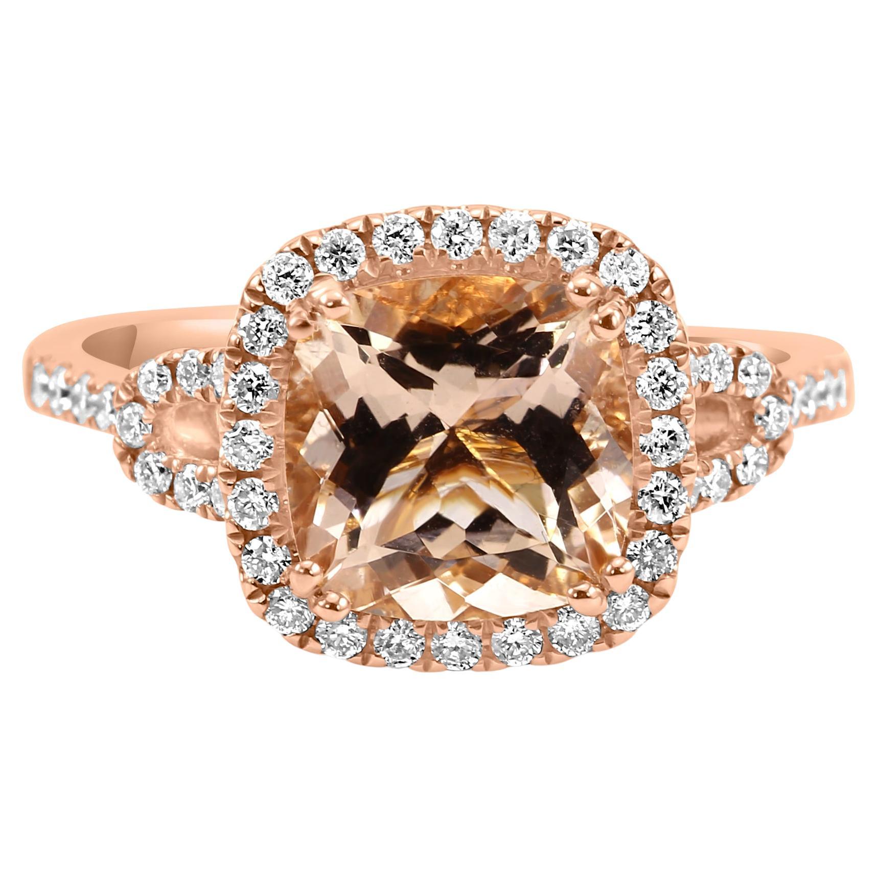 2.18 Carat Morganite Cushion White Diamond Round 14K Rose Gold Engagement Ring