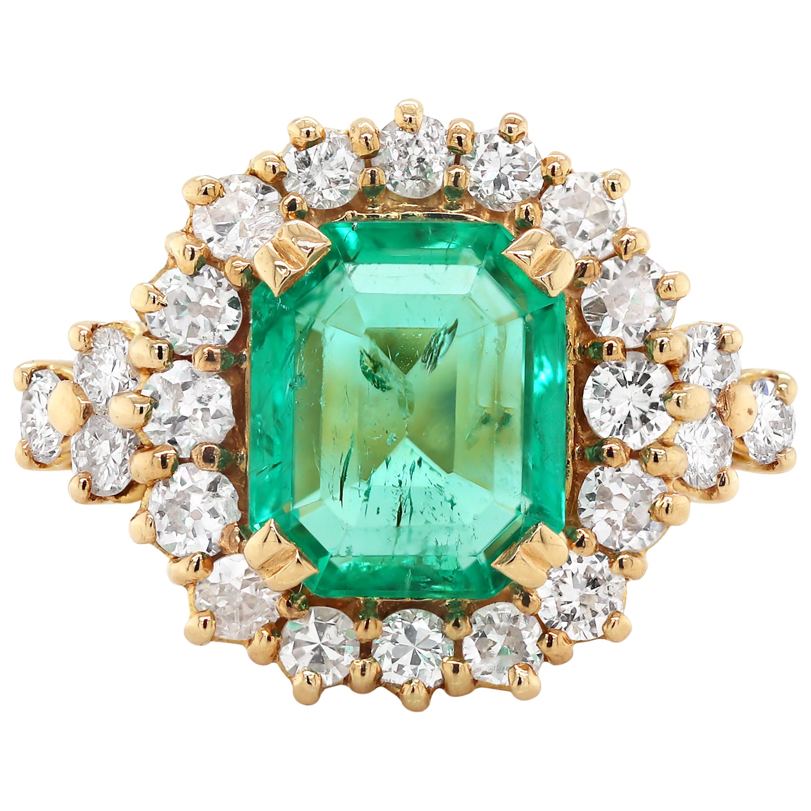 2.18 Carat Natural Emerald and Diamond 18 Carat Yellow Gold Cluster Ring