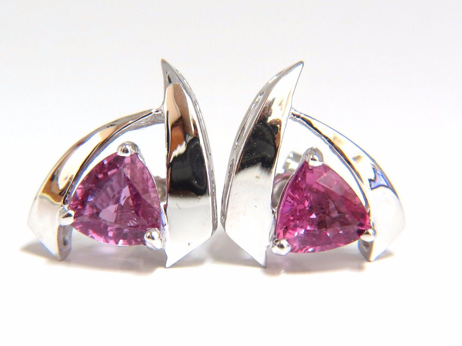 Trillion Cut 2.18 Carat Natural Pink Trilliant Sapphire Stud Earrings 14 Karat