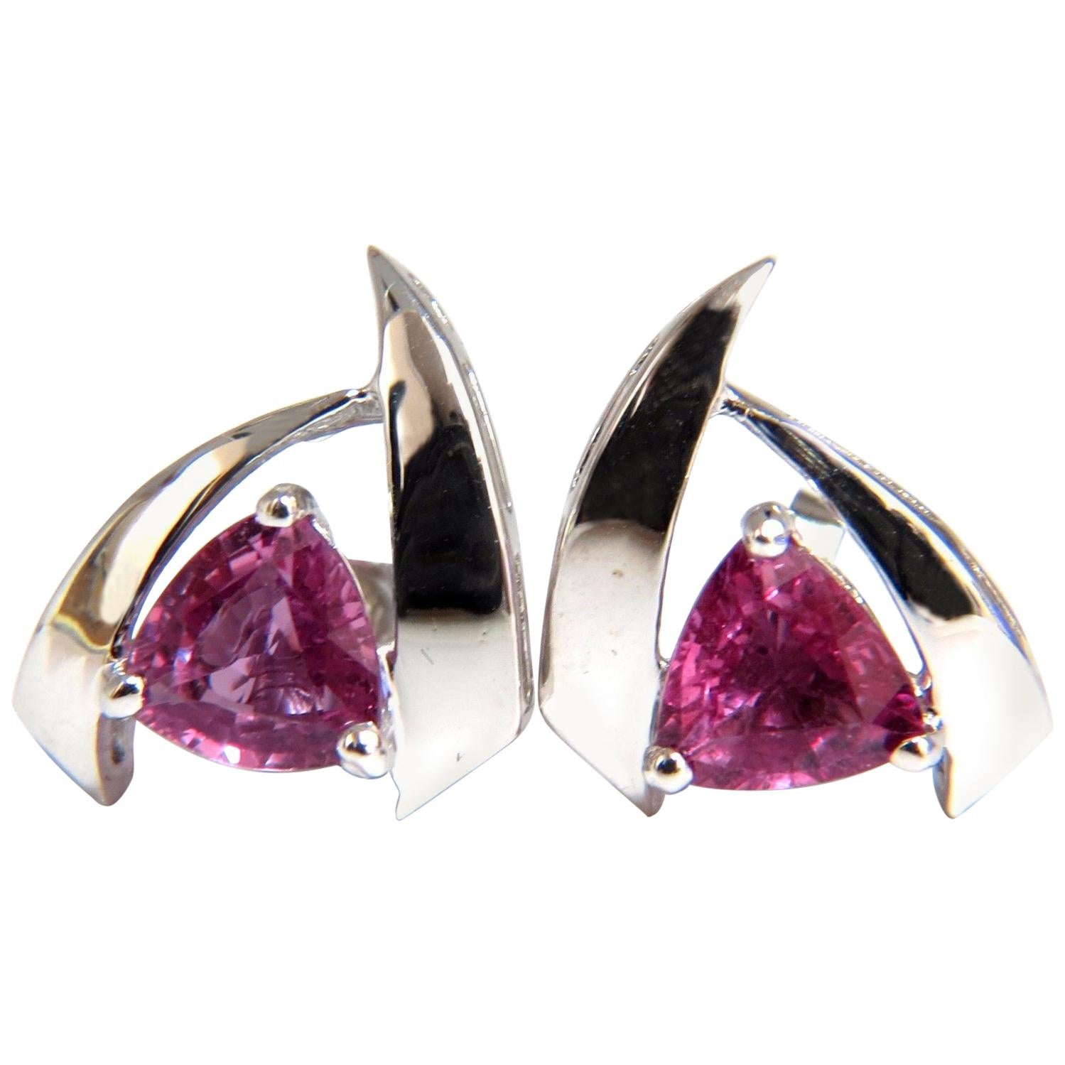 2.18 Carat Natural Pink Trilliant Sapphire Stud Earrings 14 Karat