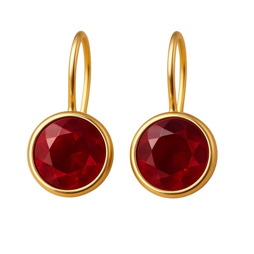 Taille ronde Boucles d'oreilles pendantes en or jaune 14K, rubis rond brillant naturel 2.18 carats en vente