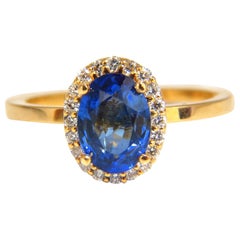 2.18 Carat Natural Vivid Blue Sapphire Diamonds Ring 18 Karat Petite Halo
