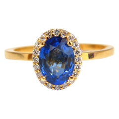 2.18 Carat Natural Vivid Blue Sapphire Diamonds Ring 18 Karat Petite Halo*