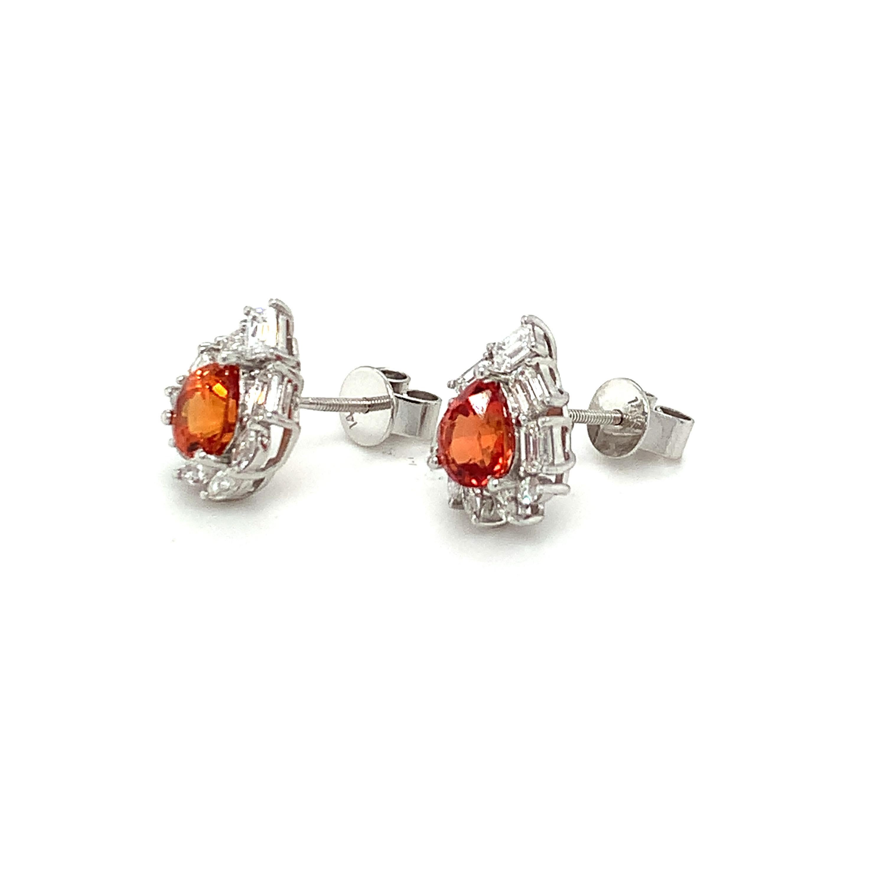 Women's 2.18 Carat Orange Sapphire Diamond Stud Earrings