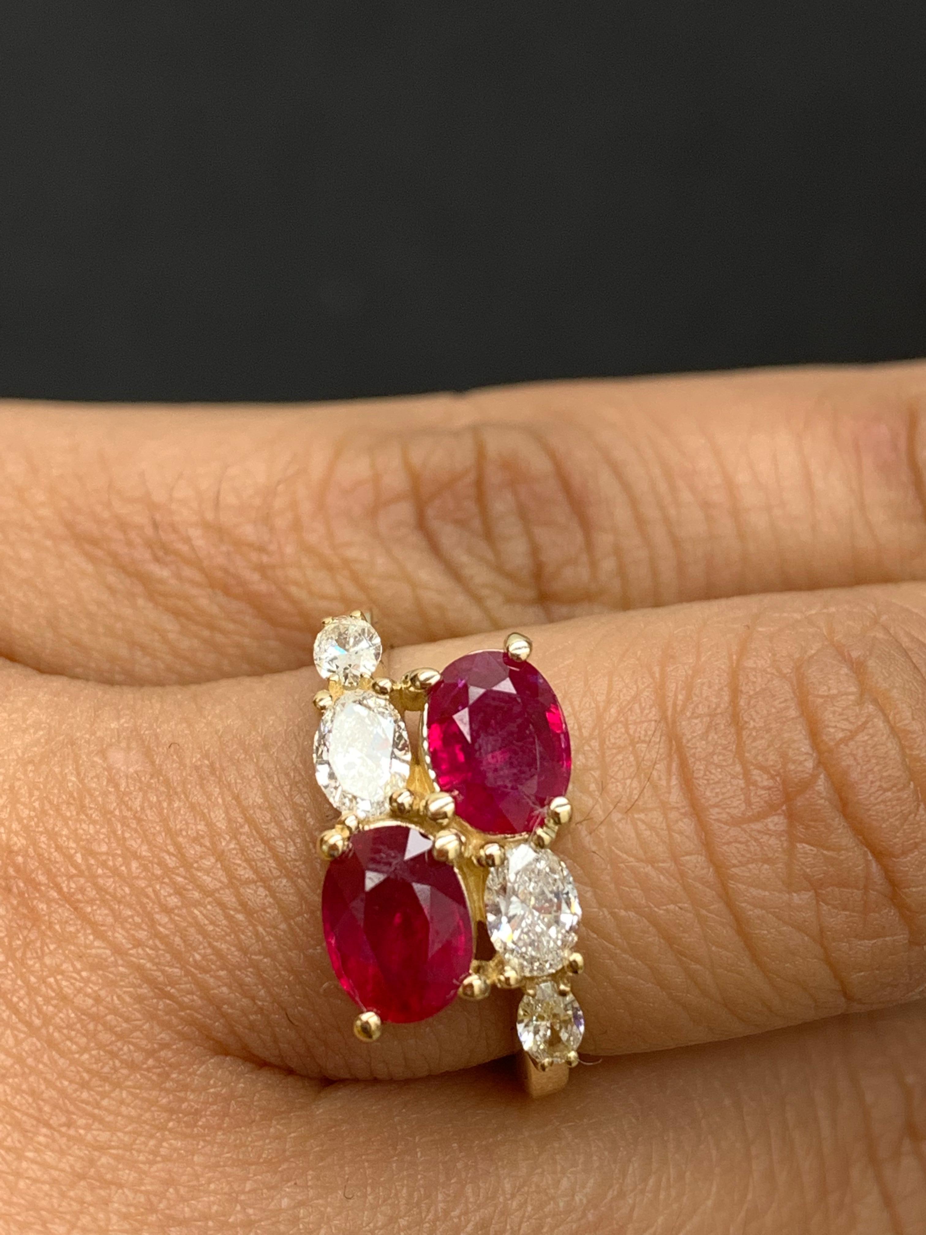 2.18 Carat Oval Cut Ruby Diamond Toi et Moi Engagement Ring in 14K Yellow Gold For Sale 2