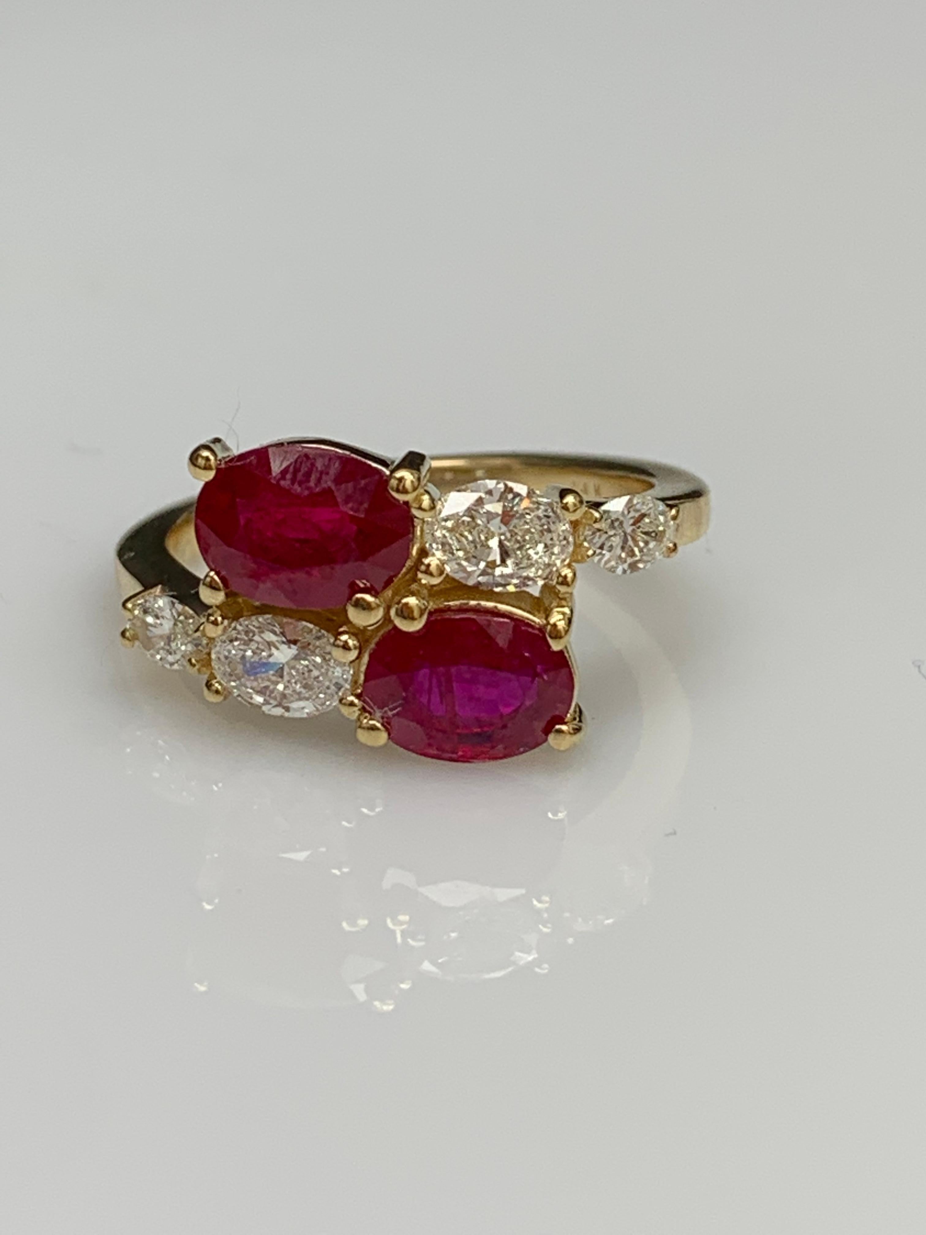 2.18 Carat Oval Cut Ruby Diamond Toi et Moi Engagement Ring in 14K Yellow Gold For Sale 6
