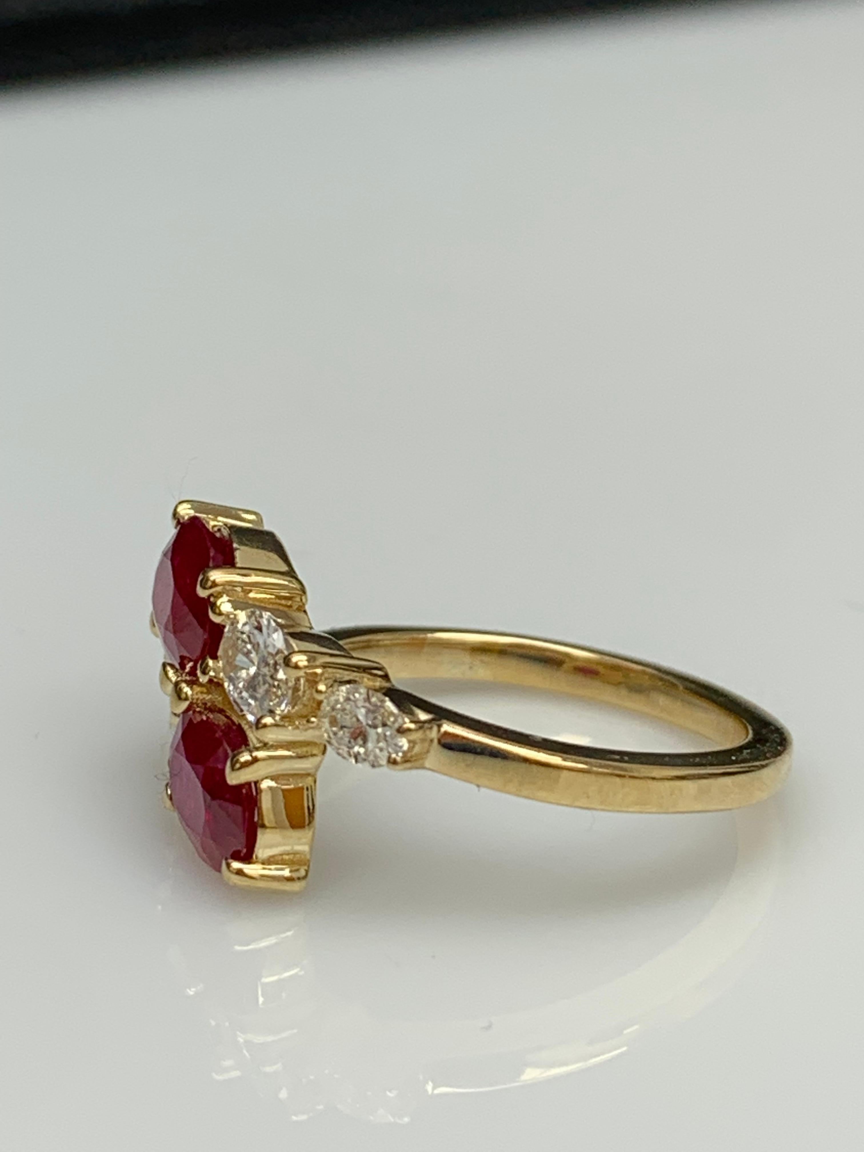 2.18 Carat Oval Cut Ruby Diamond Toi et Moi Engagement Ring in 14K Yellow Gold For Sale 7