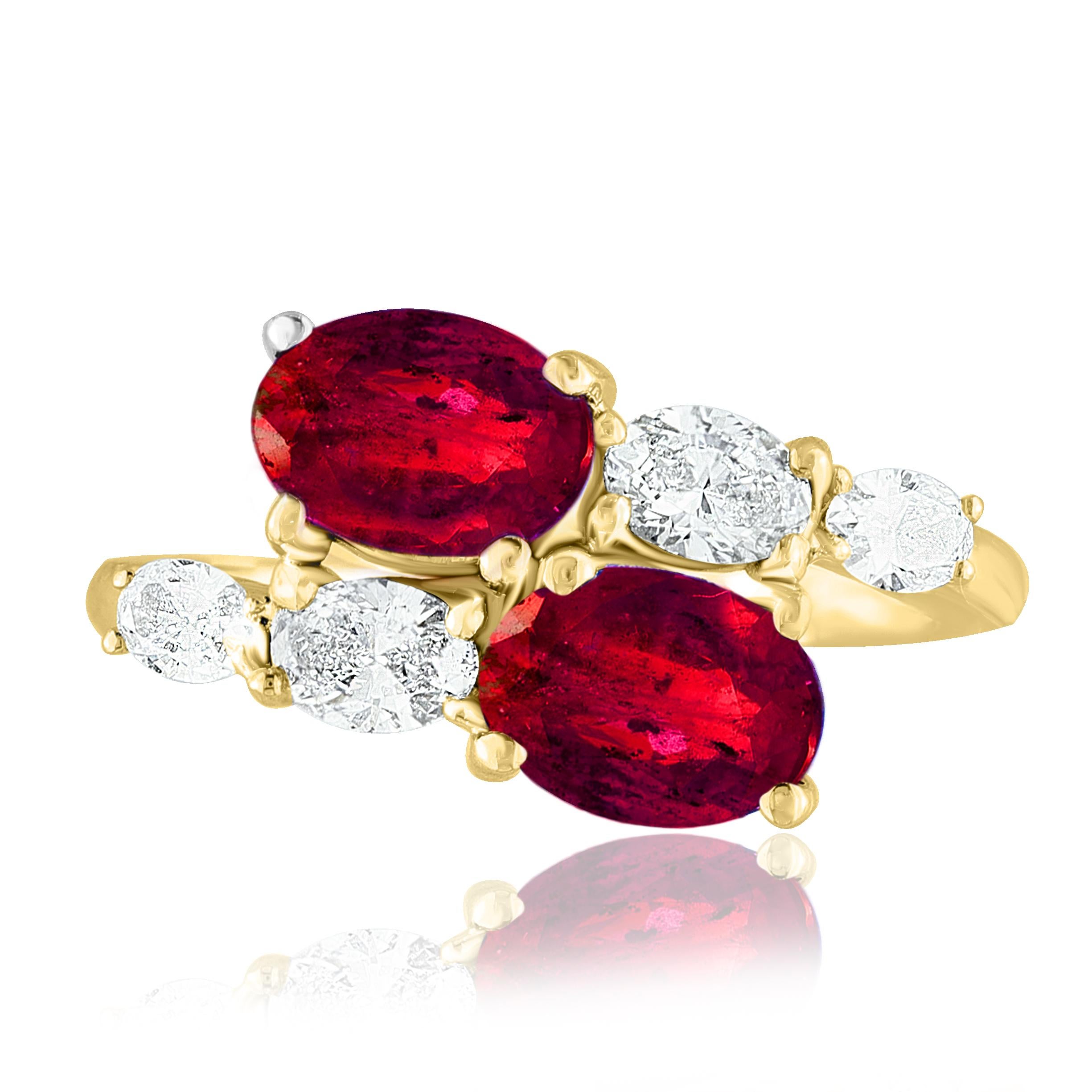 The stunning forever-together Toi et Moi ring features 2 Oval cut Rubies embraced by east to west 4 oval diamonds. Handcrafted in 14k White Gold.
2 oval Rubies in the center weigh 2.18 carats and 4 diamonds on the sides weigh 0.70 carats in total.
A