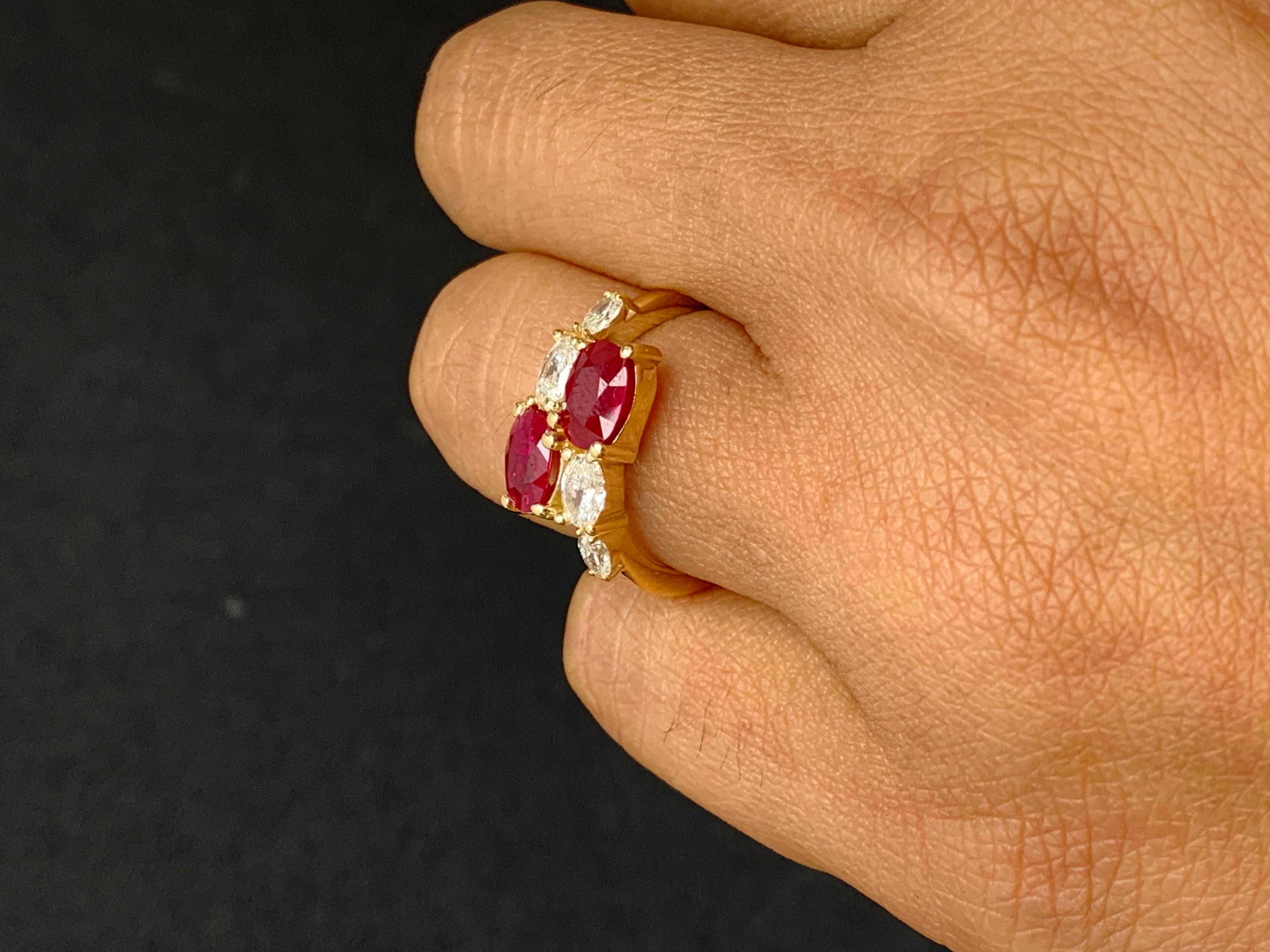 Modern 2.18 Carat Oval Cut Ruby Diamond Toi et Moi Engagement Ring in 14K Yellow Gold For Sale