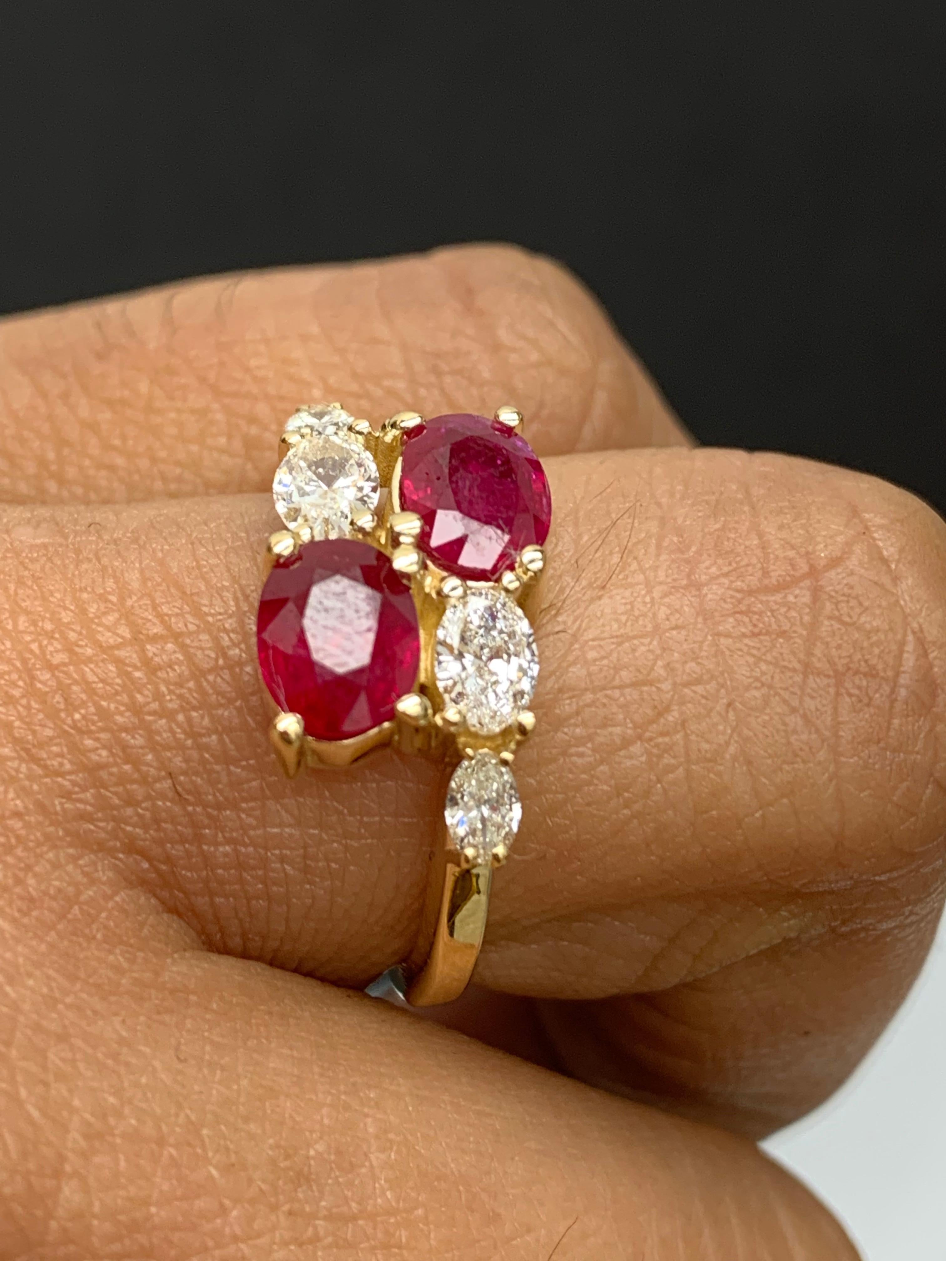 2.18 Carat Oval Cut Ruby Diamond Toi et Moi Engagement Ring in 14K Yellow Gold For Sale 1
