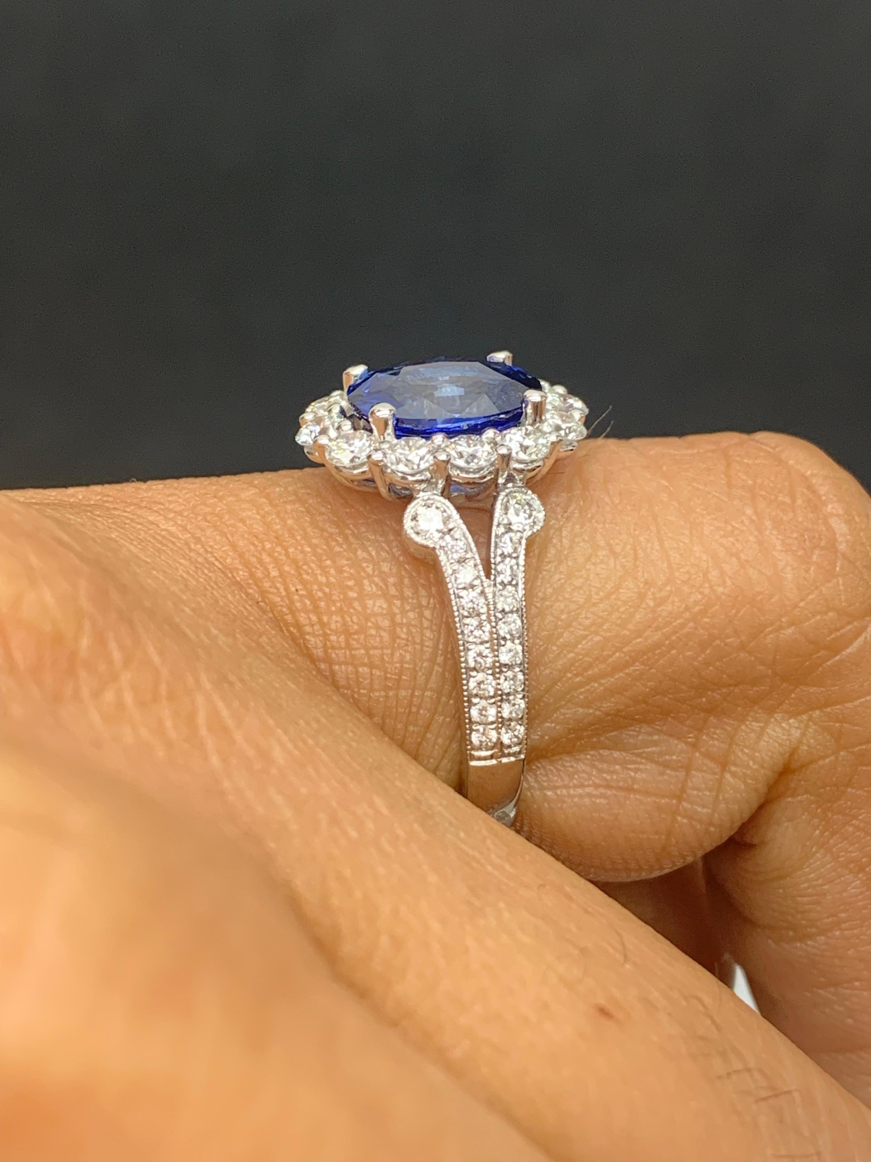 Women's 2.18 Carat Oval Cut Sapphire and Diamond Ring in 18k White Gold For Sale