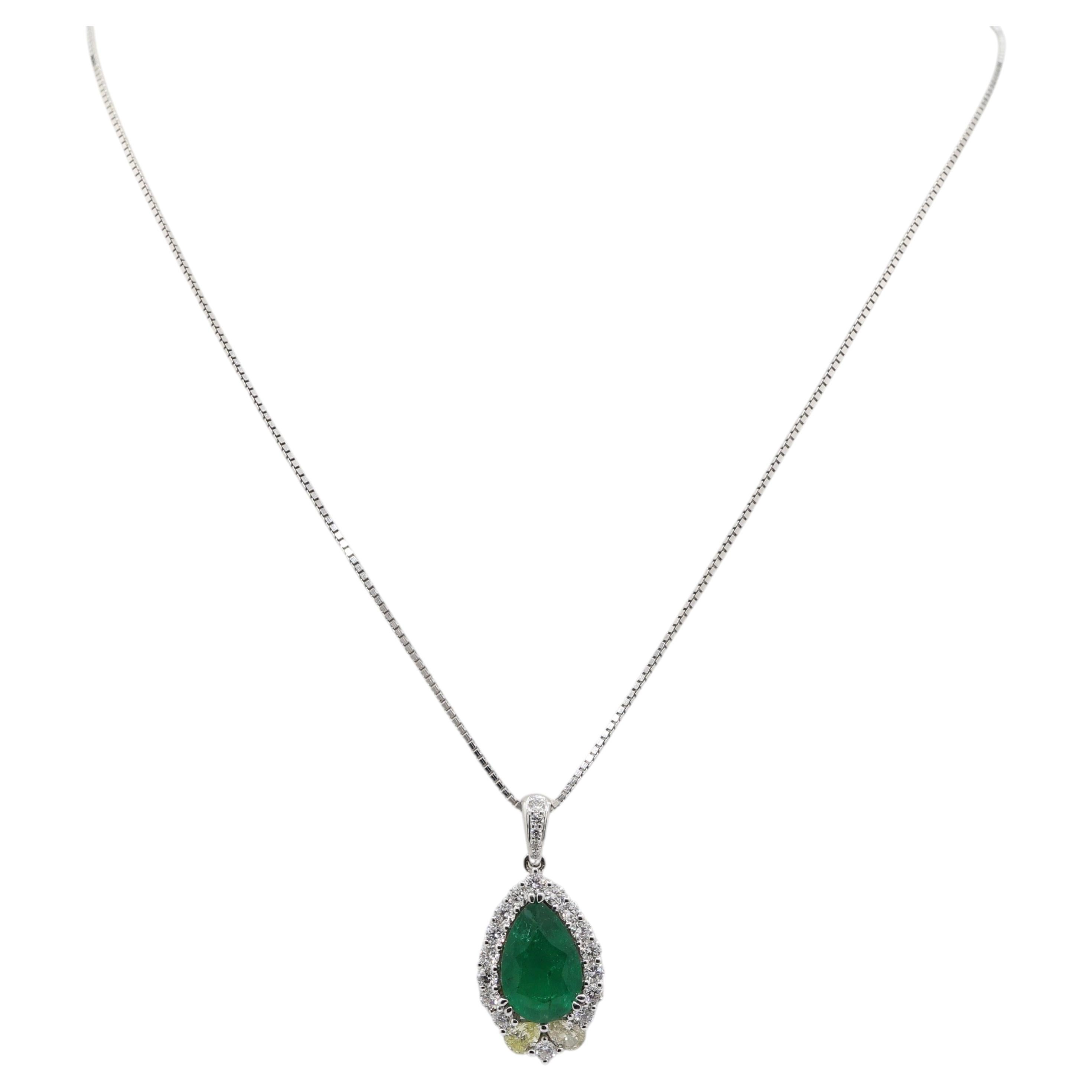 2.18 Carat Pear Emerald Yellow & White Diamond Halo Pendant 18K White Gold