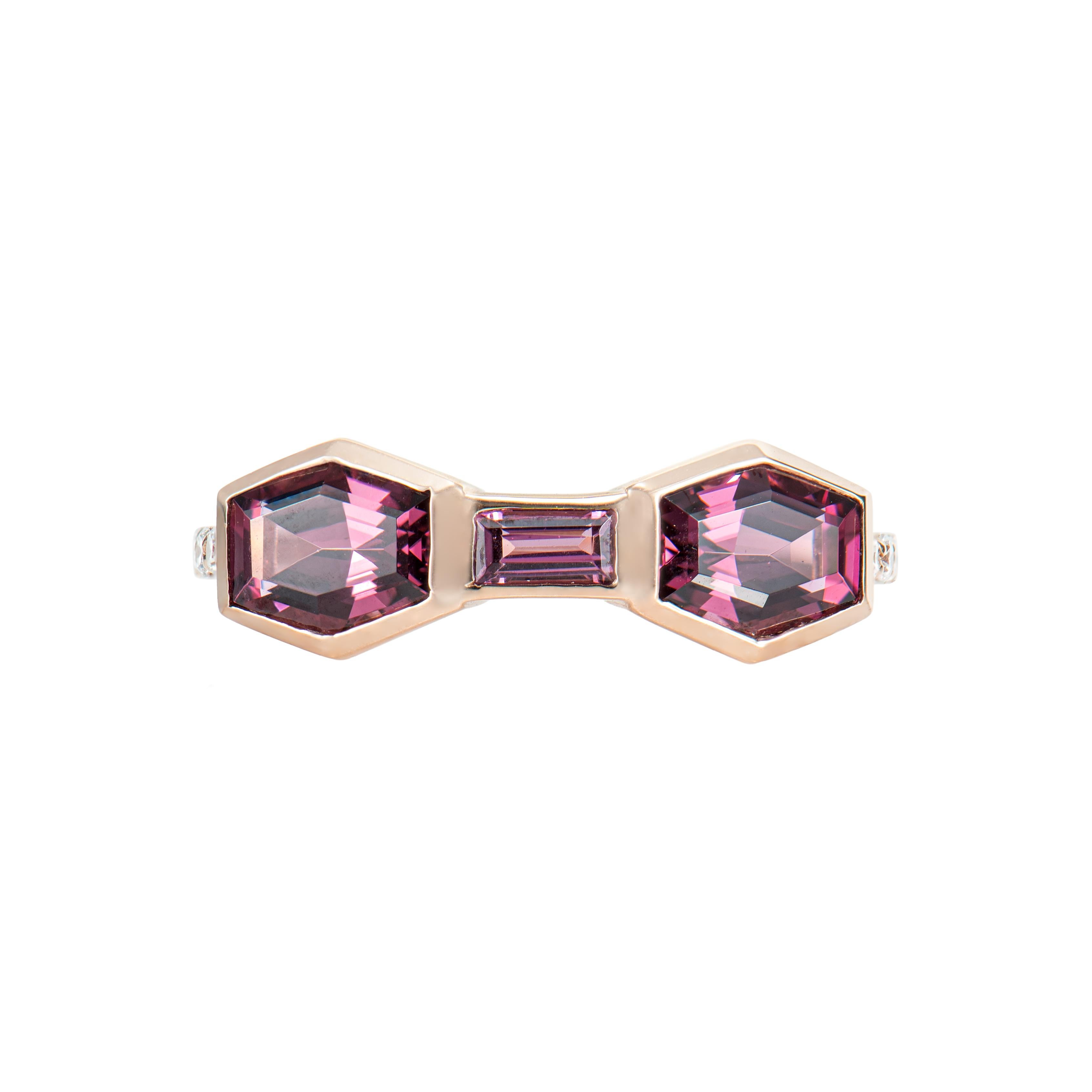Contemporary 2.18 Carat Rhodolite Fancy Ring in 14Karat Rose Gold with Diamond. For Sale