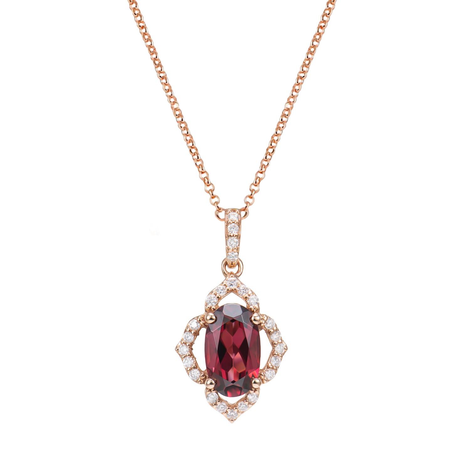 Oval Cut 2.18 Carat Rhodolite Pendant in 18 Karat Rose Gold with White Diamond For Sale