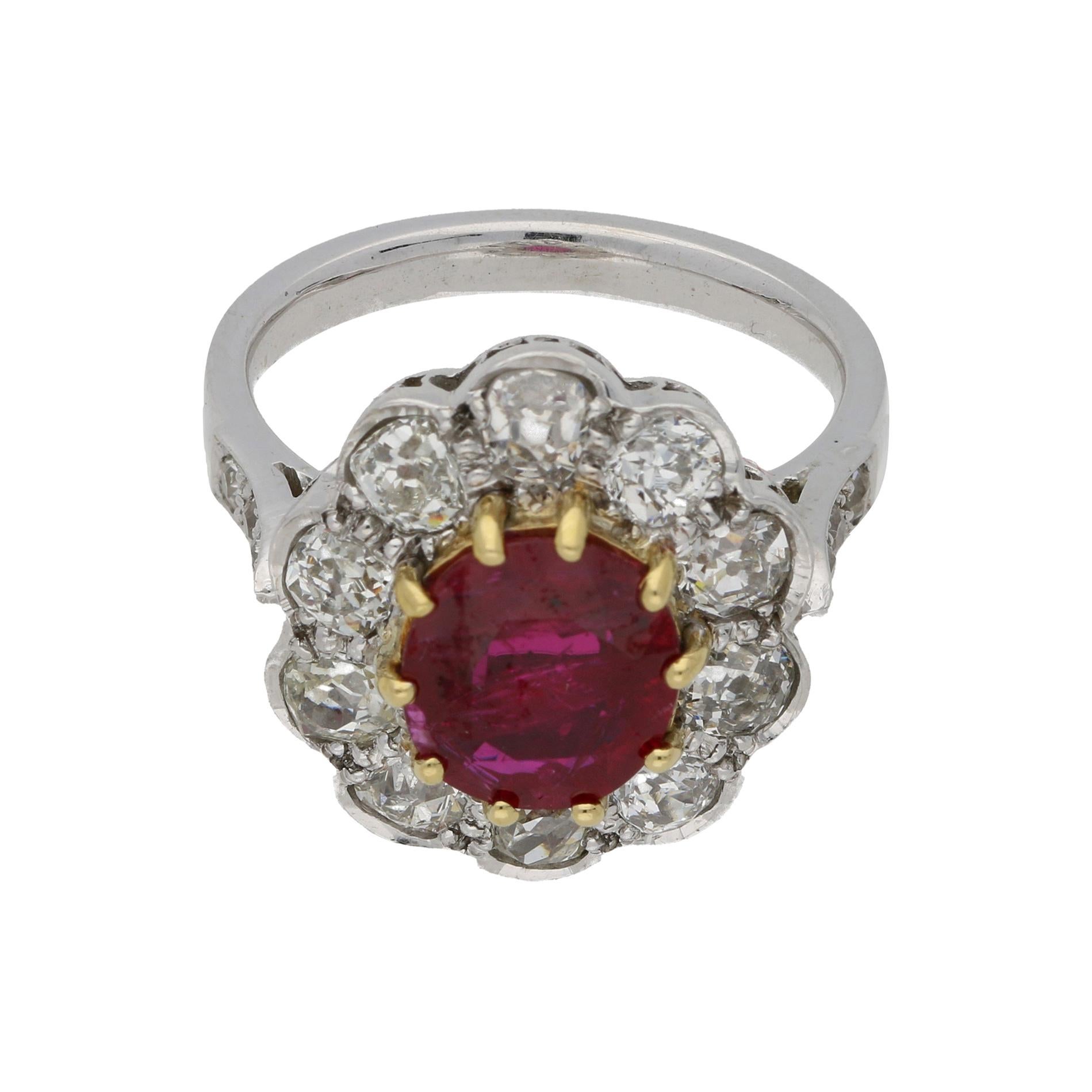 Ruby and Diamond Cluster Engagement Ring set in Yellow Gold and Platinum