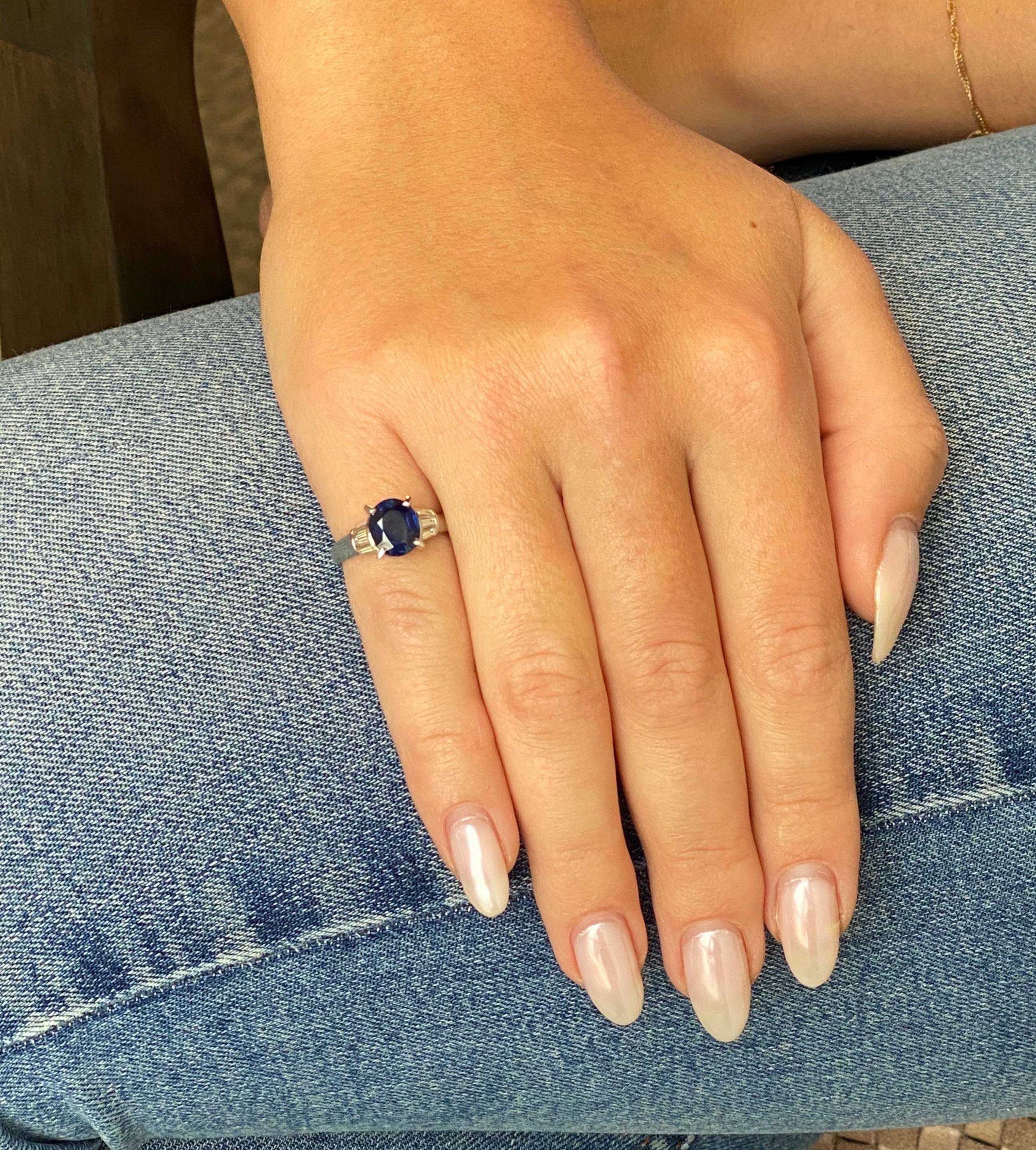 A sophisticated and elegant vintage sapphire diamond platinum ring is perfect for a lady who is not afraid to show her character. Wear it with cold, pastel, and neutral tones to complete your look and receive compliments from others. 
Vintage 2.18