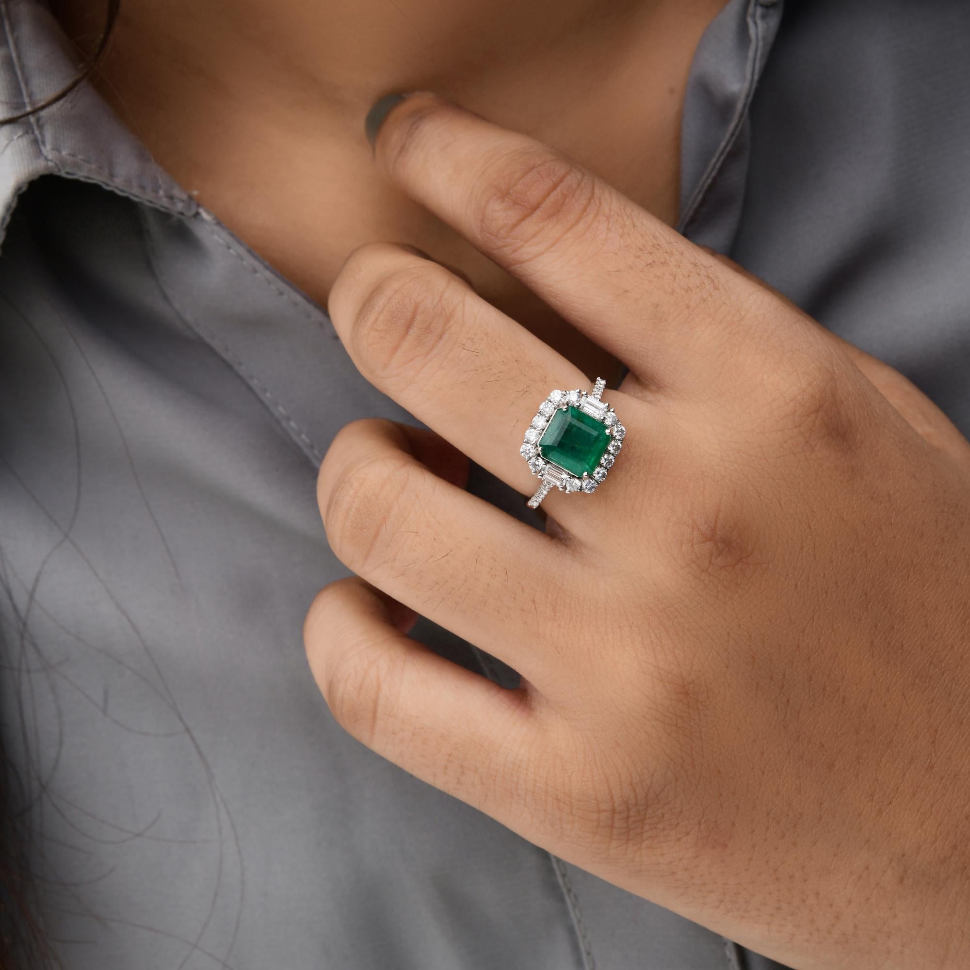 Octagon Cut 2.18 Carat Zambian Emerald 0.63 Carat SI/HI Diamond Ring 14 Karat White Gold For Sale