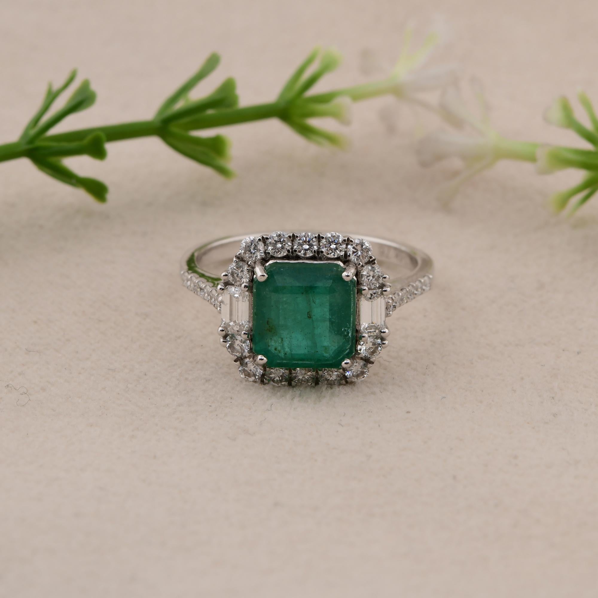 Women's 2.18 Carat Zambian Emerald 0.63 Carat SI/HI Diamond Ring 14 Karat White Gold For Sale