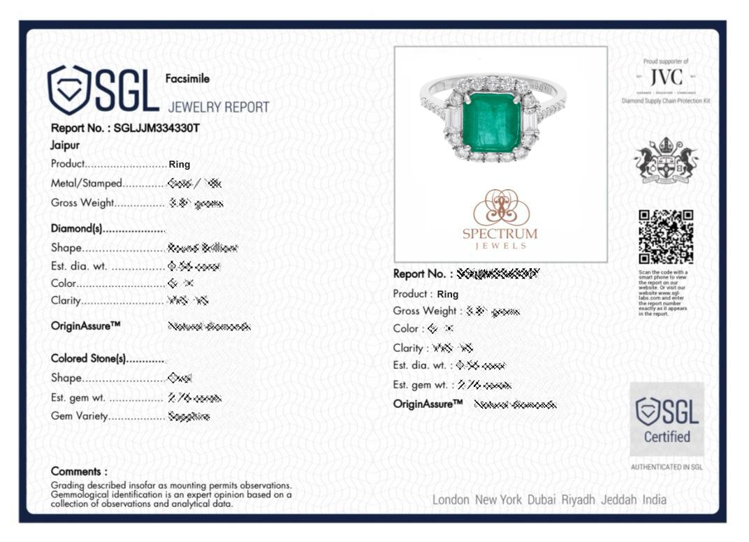 2.18 Carat Zambian Emerald 0.63 Carat SI/HI Diamond Ring 14 Karat White Gold For Sale 2