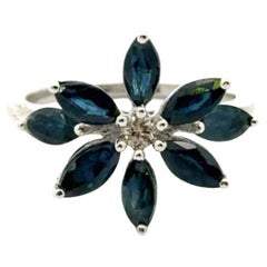 2.18 Carats Genuine Blue Sapphire Flower Ring for Women 925 Sterling Silver Ring