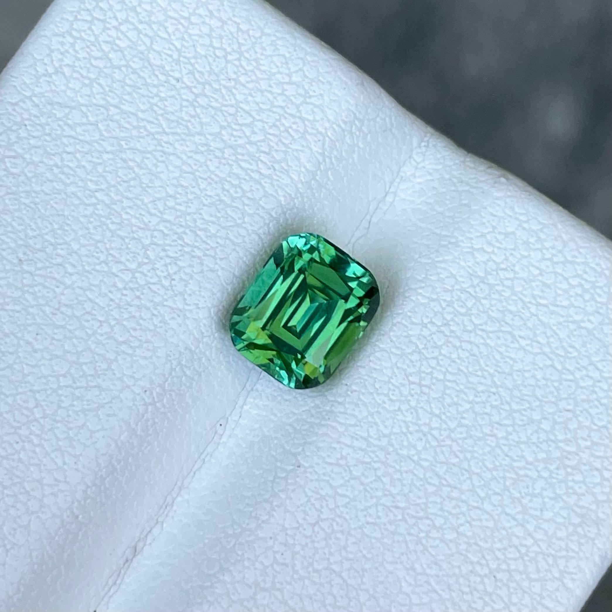 Weight 2.18 carats 
Dimensions 7.7x6.4x5.6 mm
Treatment none 
Origin Afghanistan 
Clarity VVS
Shape cushion 
Cut fancy cushion 




The 2.18 carats Mint Green Tourmaline is an exquisite natural gemstone sourced from Afghanistan, renowned for