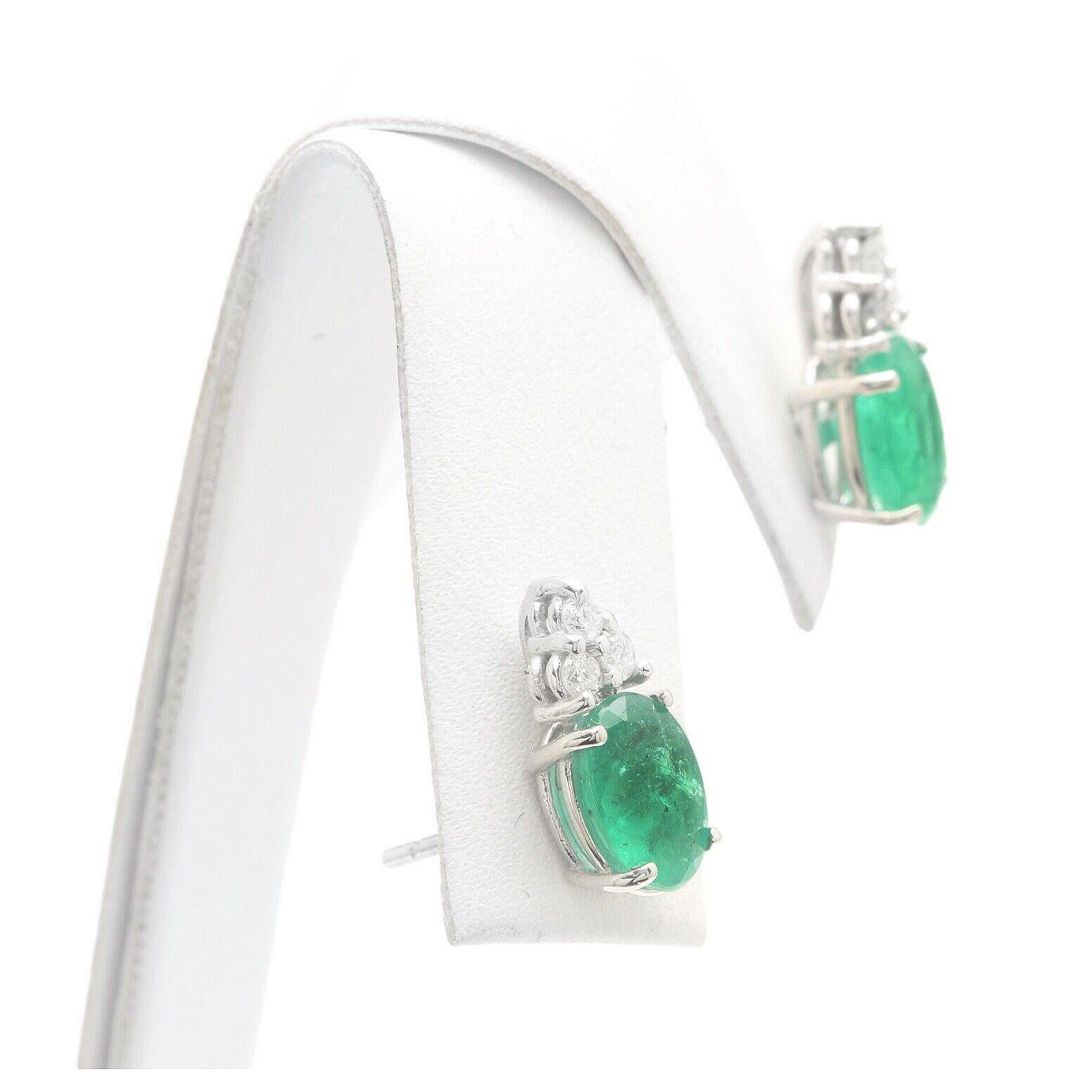 Mixed Cut 2.18 Carats Natural Emerald and Diamond 14K Solid White Gold Earrings For Sale