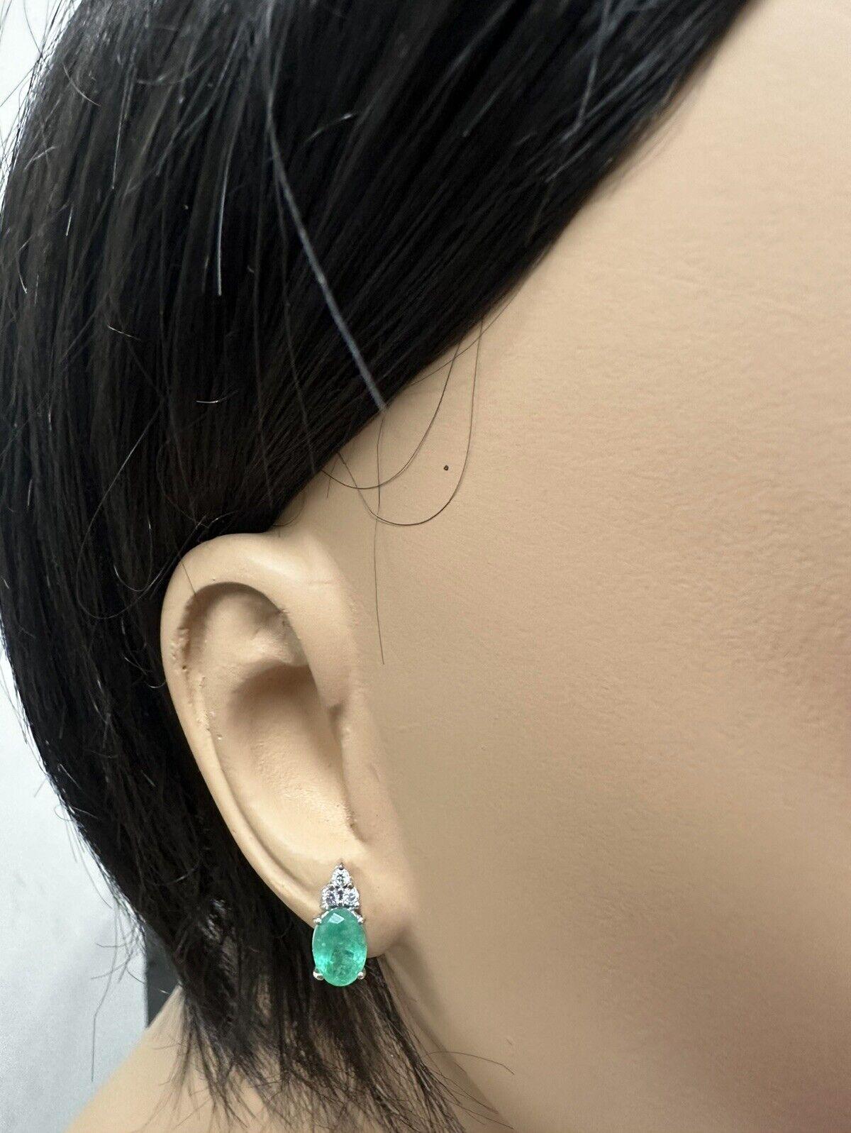 Women's 2.18 Carats Natural Emerald and Diamond 14K Solid White Gold Earrings For Sale