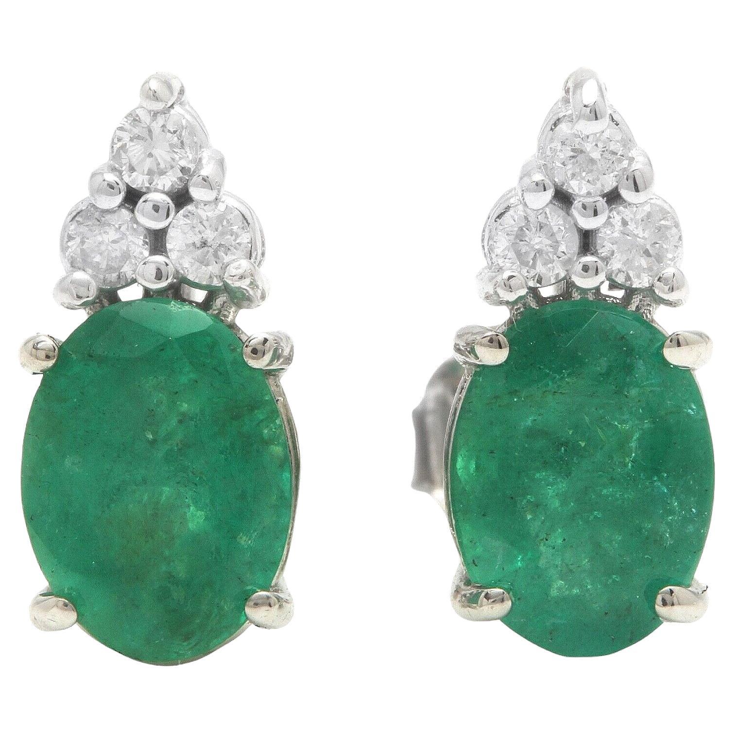 2.18 Carats Natural Emerald and Diamond 14K Solid White Gold Earrings For Sale