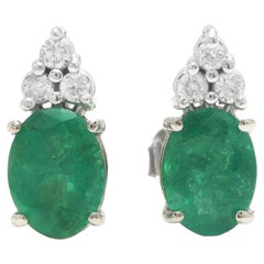 2.18 Carats Natural Emerald and Diamond 14K Solid White Gold Earrings
