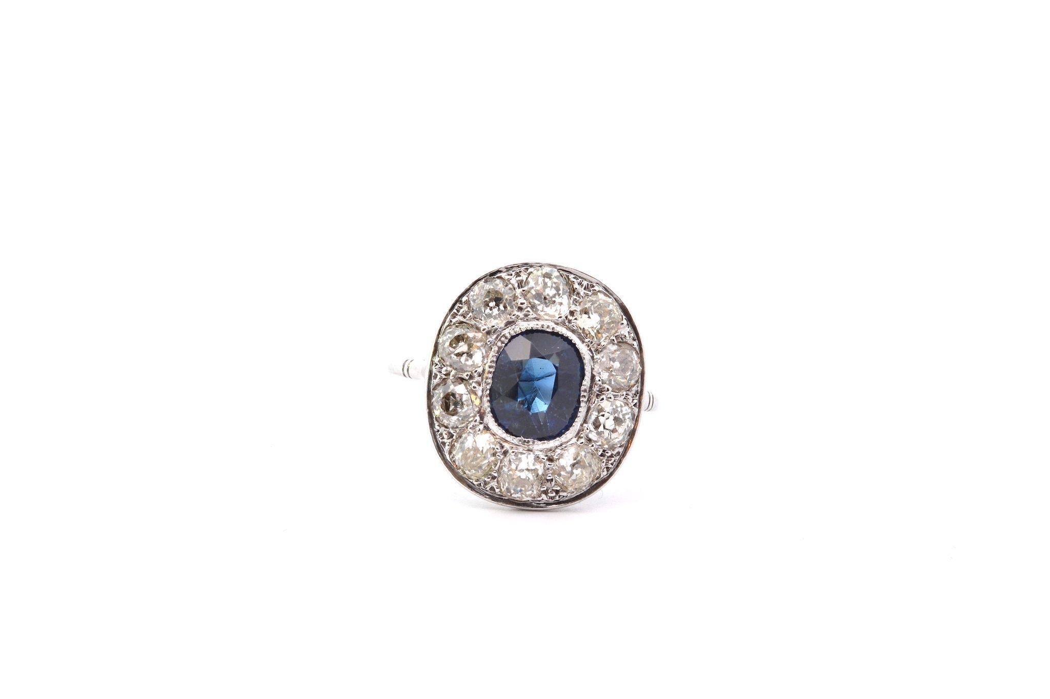 Stones: 1 cushion sapphire of 2.18 cts and 10 old cut diamonds of 1.90cts
Material: Platinum
Dimensions: 1.7cm x 1.5cm
Weight: 3.3g
Period: 1950
Size: 54 (free sizing).
Certificate
Ref. : 25014