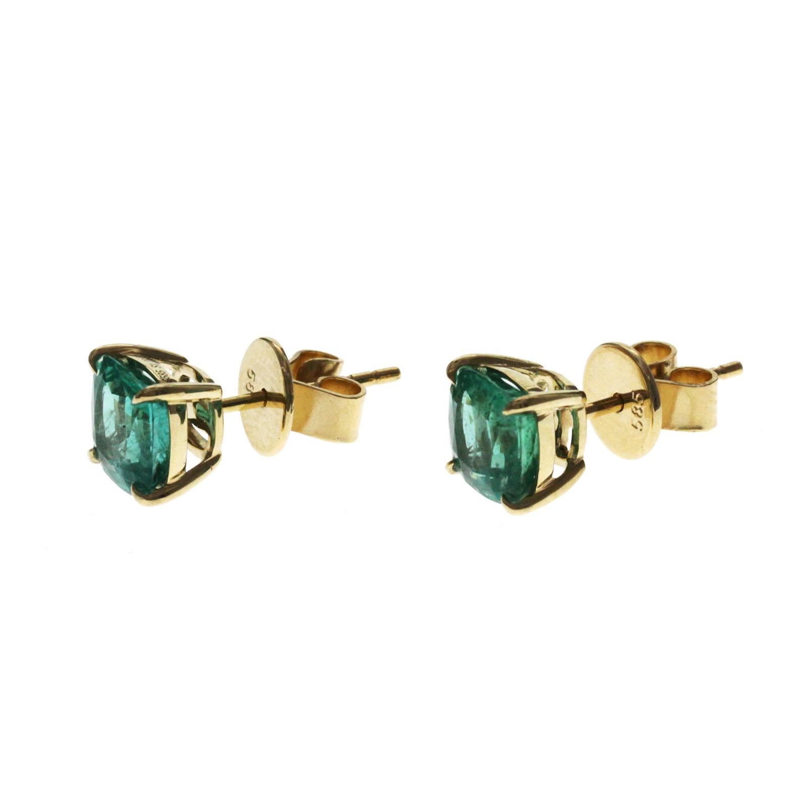 Women's or Men's 2.18 Carat Colombian Emerald 0.54 Carat in 14 Karat Yellow Gold Stud Earrings