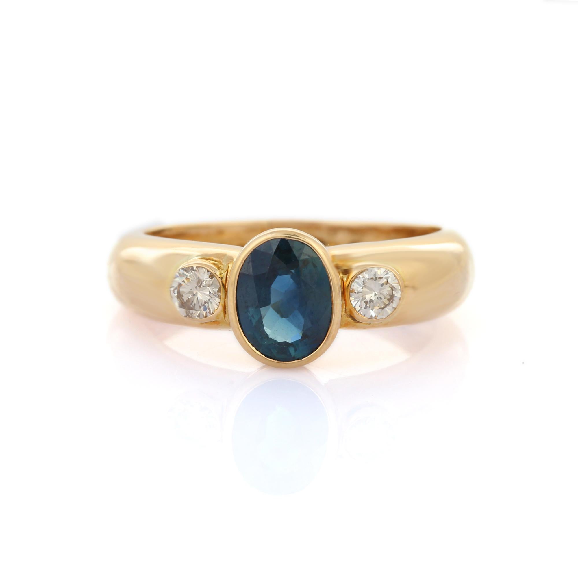 For Sale:  18k Solid Yellow Gold Unisex Blue Sapphire Diamond Three-Stone Engagement Ring 2