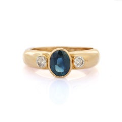 18k Solid Yellow Gold Unisex Blue Sapphire Diamond Three-Stone Engagement Ring