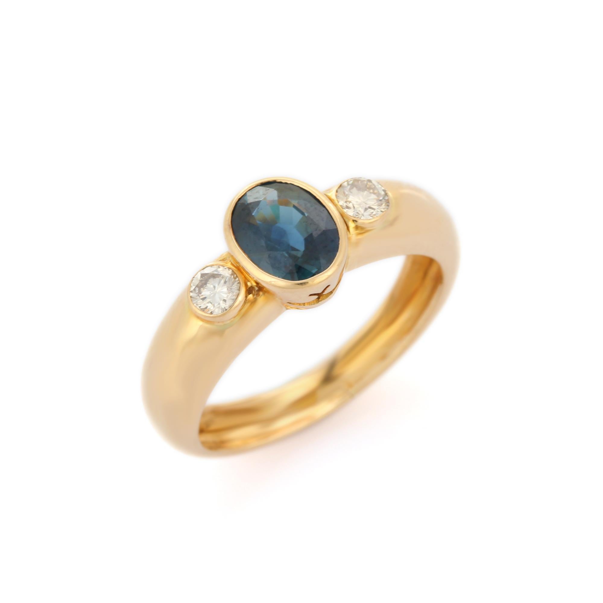For Sale:  18k Solid Yellow Gold Unisex Blue Sapphire Diamond Three-Stone Engagement Ring 5