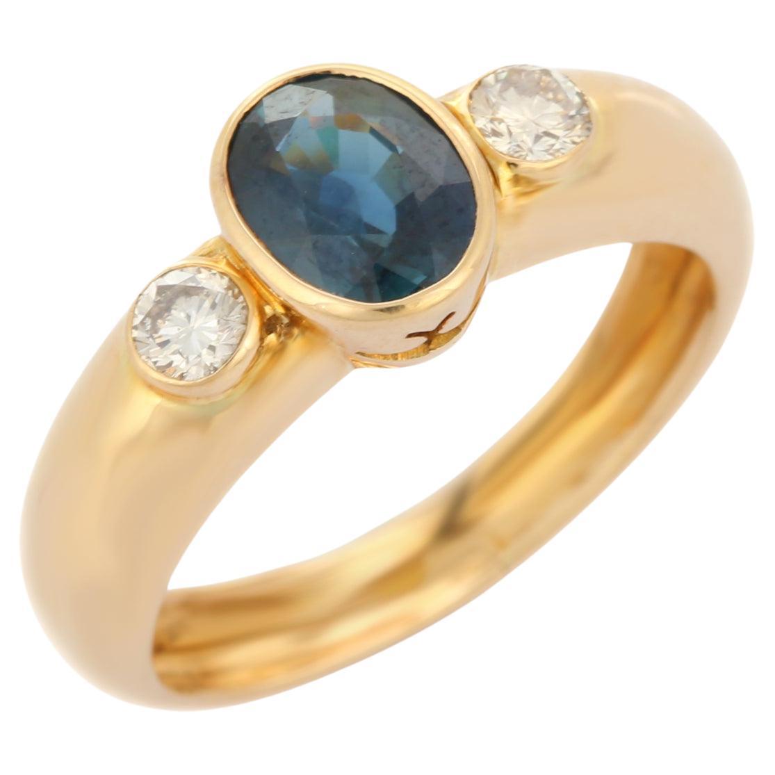 Bague de fiançailles unisexe à trois pierres en or jaune massif 18k avec saphir bleu et diamant