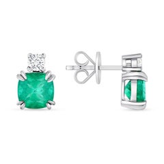 2.18 CT Natural Emerald 0.22 CT Diamonds 14K White Gold Stud Earrings