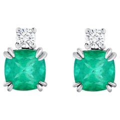 2.18 CT Natural Emerald 0.22 CT Diamonds 14K White Gold Stud Earrings