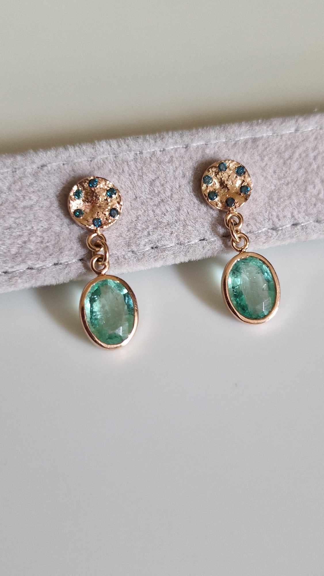Oval Cut 2.18 ct Contemporary Drop and Dangle Emerald Earrings & Blue Diamonds For Sale