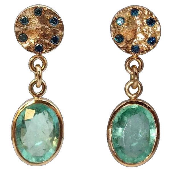 2.18 ct Contemporary Drop and Dangle Emerald Earrings & Blue Diamonds For Sale