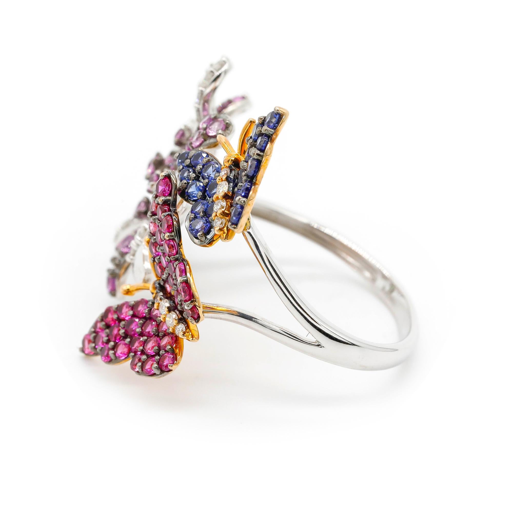 Contemporary 2.18 Ct Pink Sapphire Ruby Diamond Pave 14k Yellow Gold Flower Butterfly Ring For Sale
