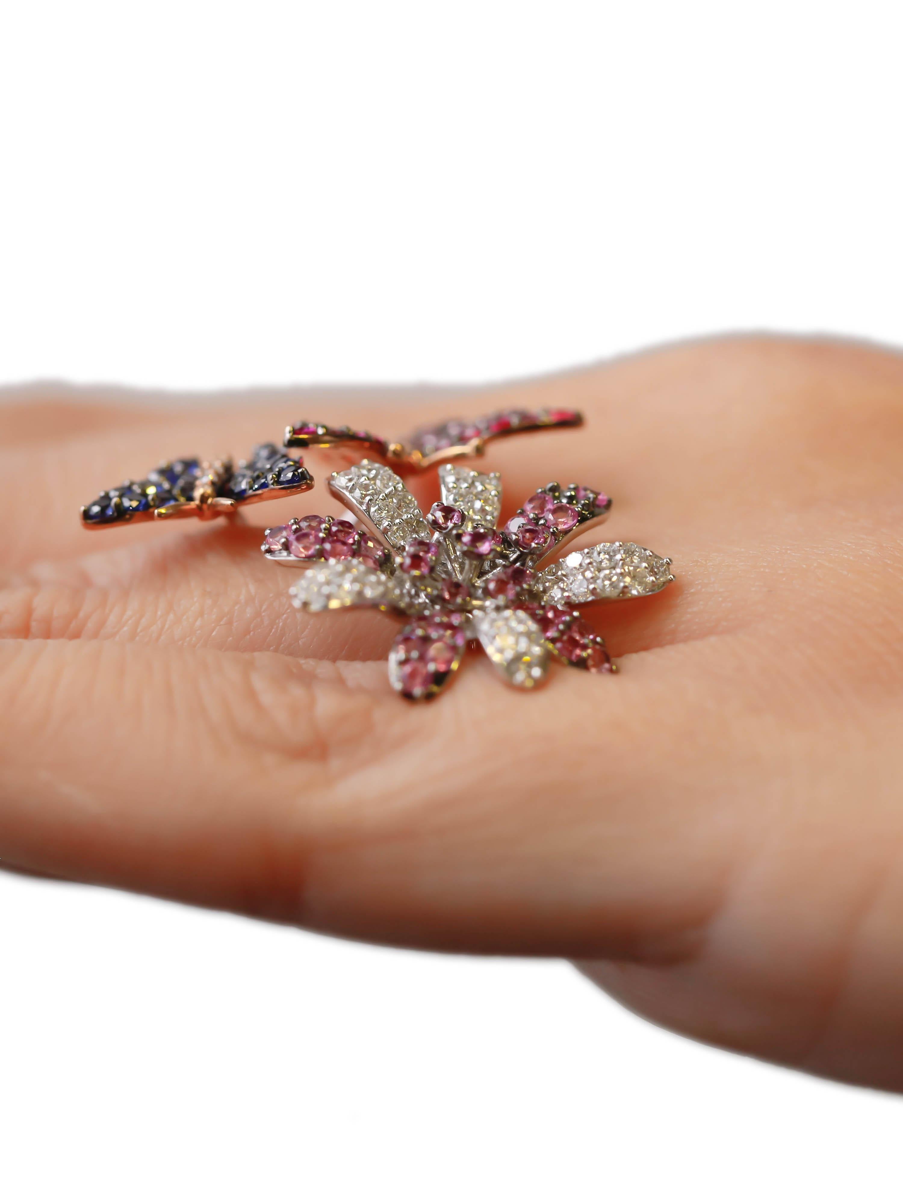 2,18 Karat Rosa Saphir Rubin Diamant Pave 14k Gelbgold Schmetterlingsring für Damen oder Herren im Angebot