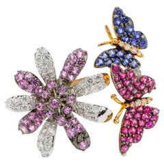 2.18 Ct Pink Sapphire Ruby Diamond Pave 14k Yellow Gold Flower Butterfly Ring
