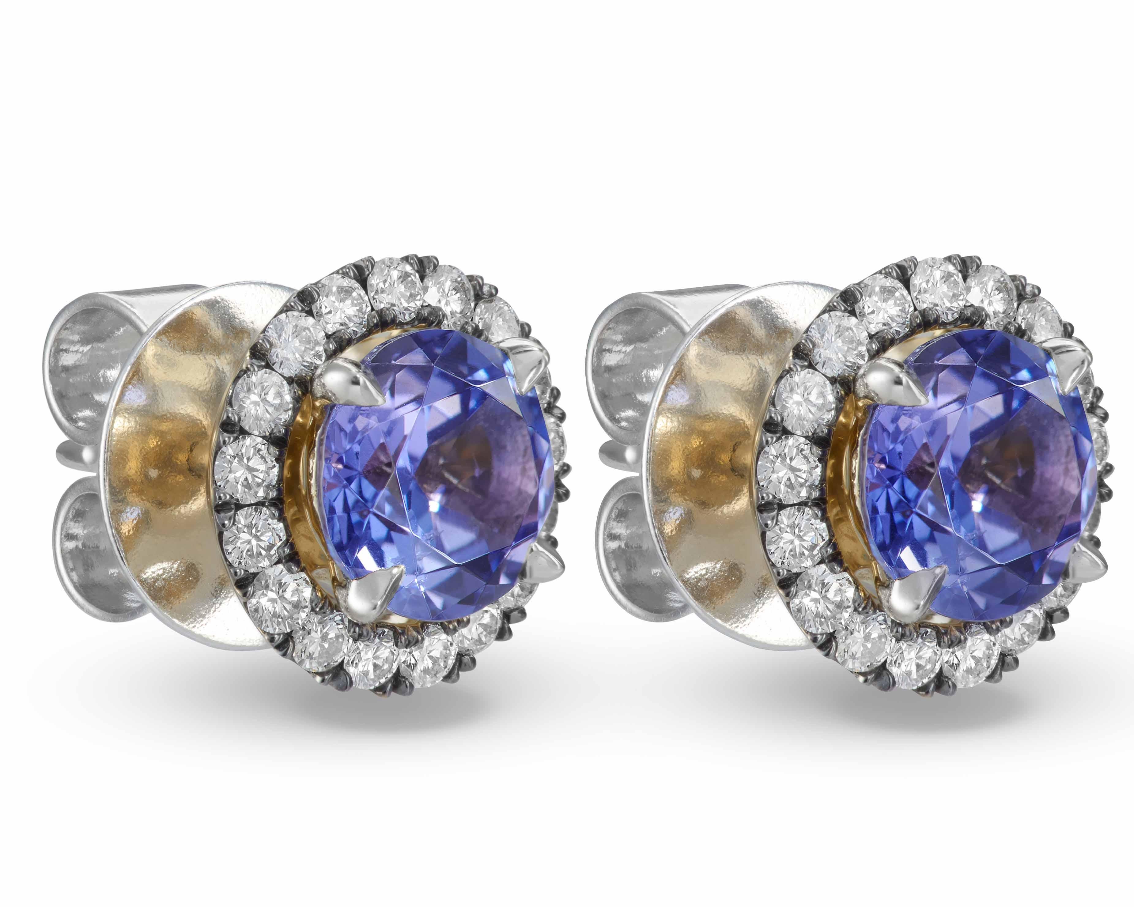 These 2.18ct tanzanite studs are perfect for everyday wear and can be worn with or without pave diamond jackets. 
The earrings are handcrafted in natural 18K yellow gold (no rhodium plating); the jackets are pavé with 0.51ct brilliant-cut diamonds