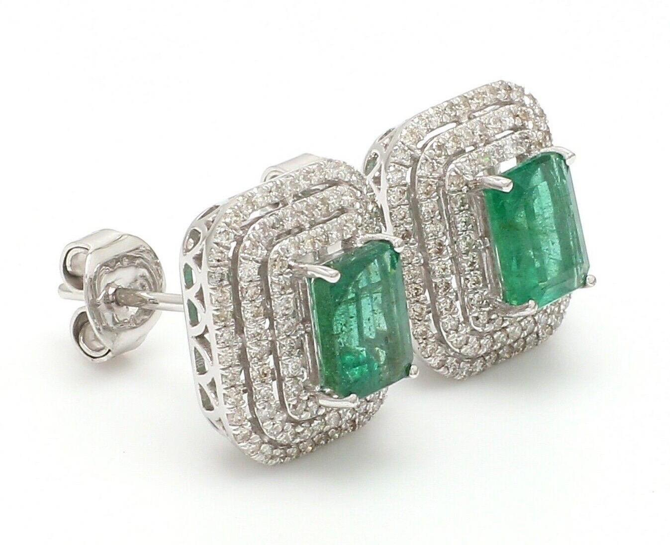 Modern 2.18 Emerald Diamond 18 Karat White Gold Stud Earrings For Sale